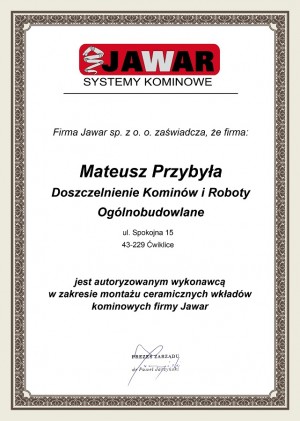 Certyfikat autoryzacji do montażu ceramicznych wkładów kominowych Jawar