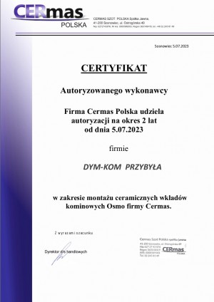 Certyfikat w zakresie montażu ceramicznych wkładów kominowych Osmo